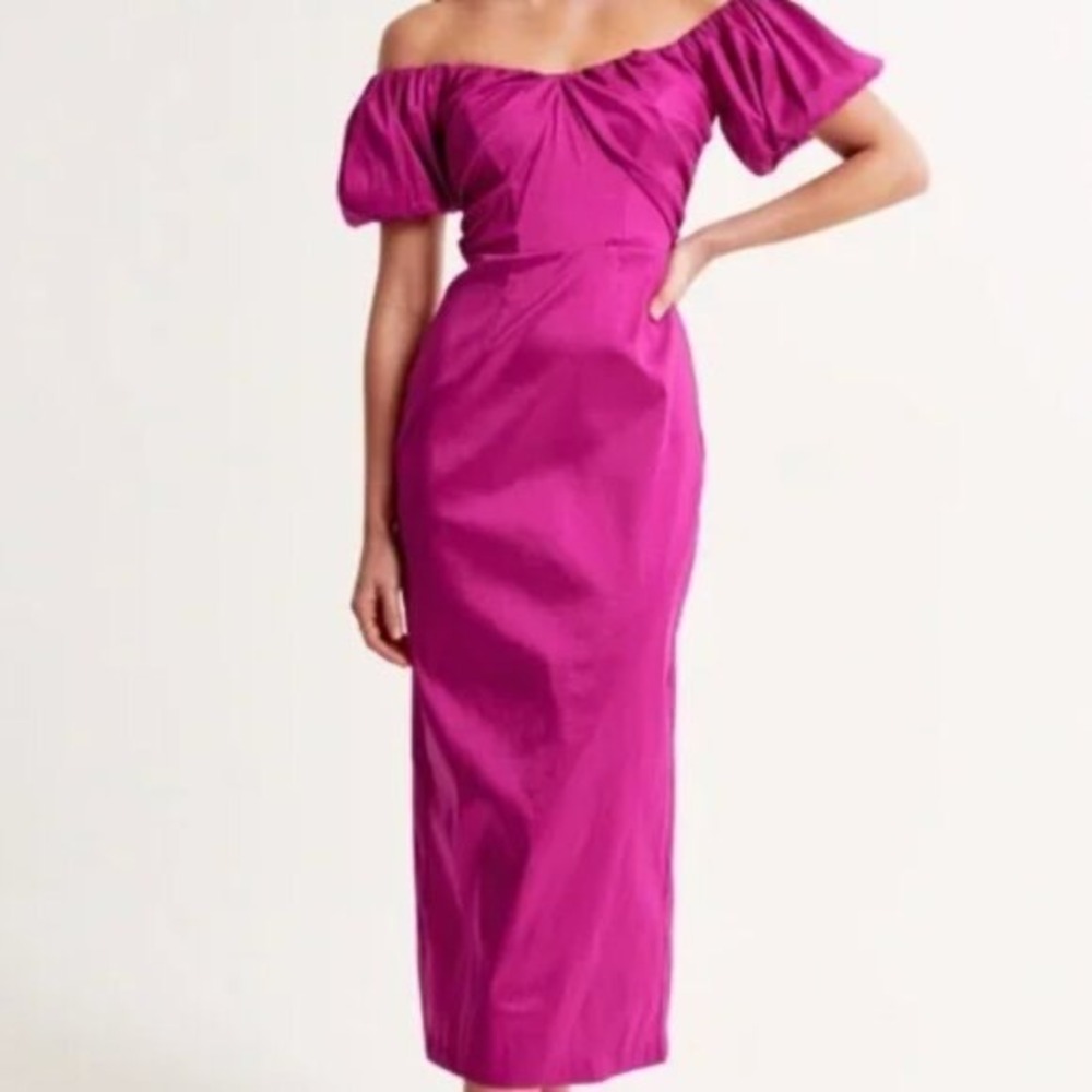 Abercrombie & Fitch Pink Taffeta Puff Sleeve Off Shoulder Midi Dress XL NWT